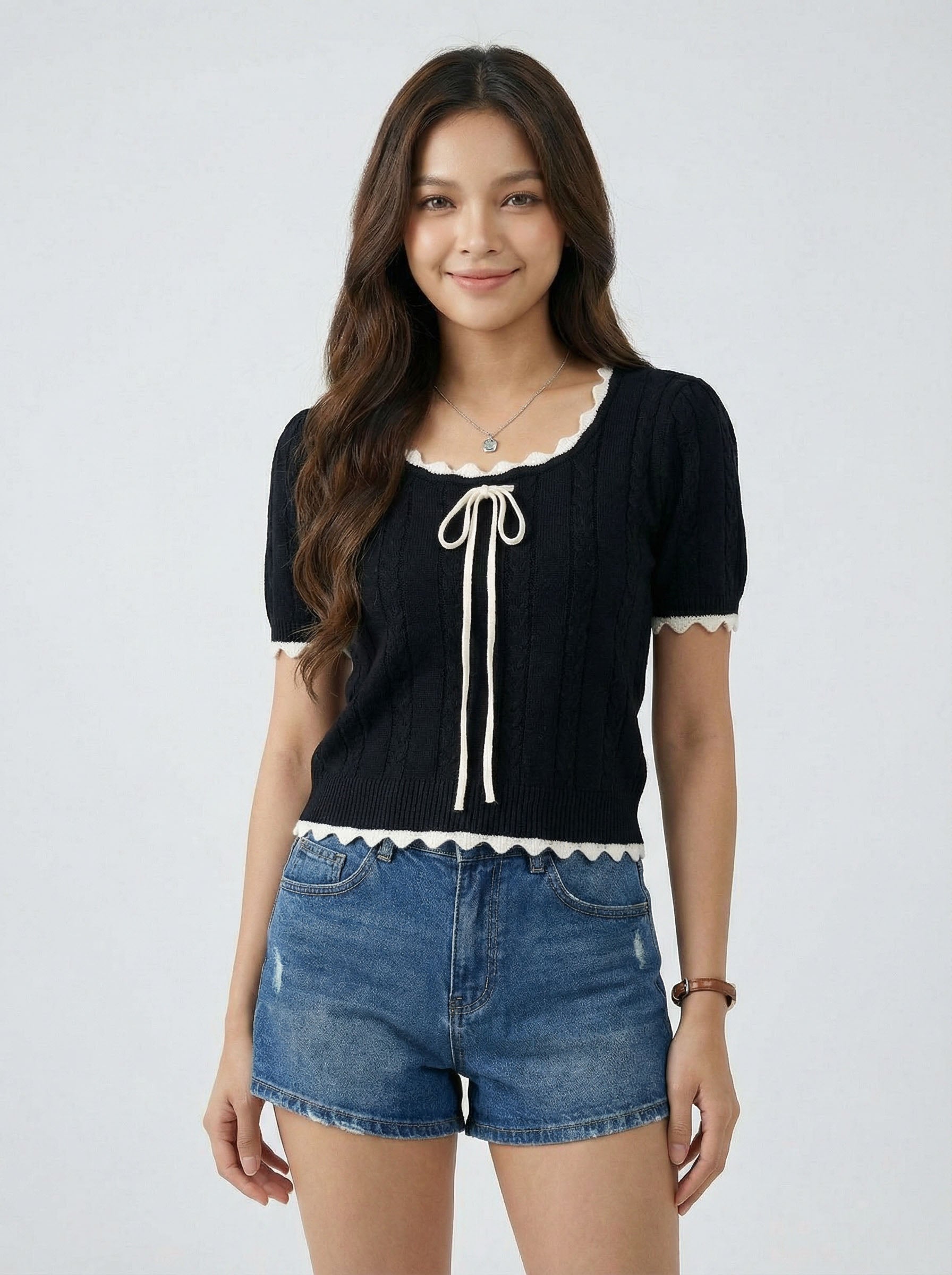 Wavy Hem Color Block Short Sleeve Knit