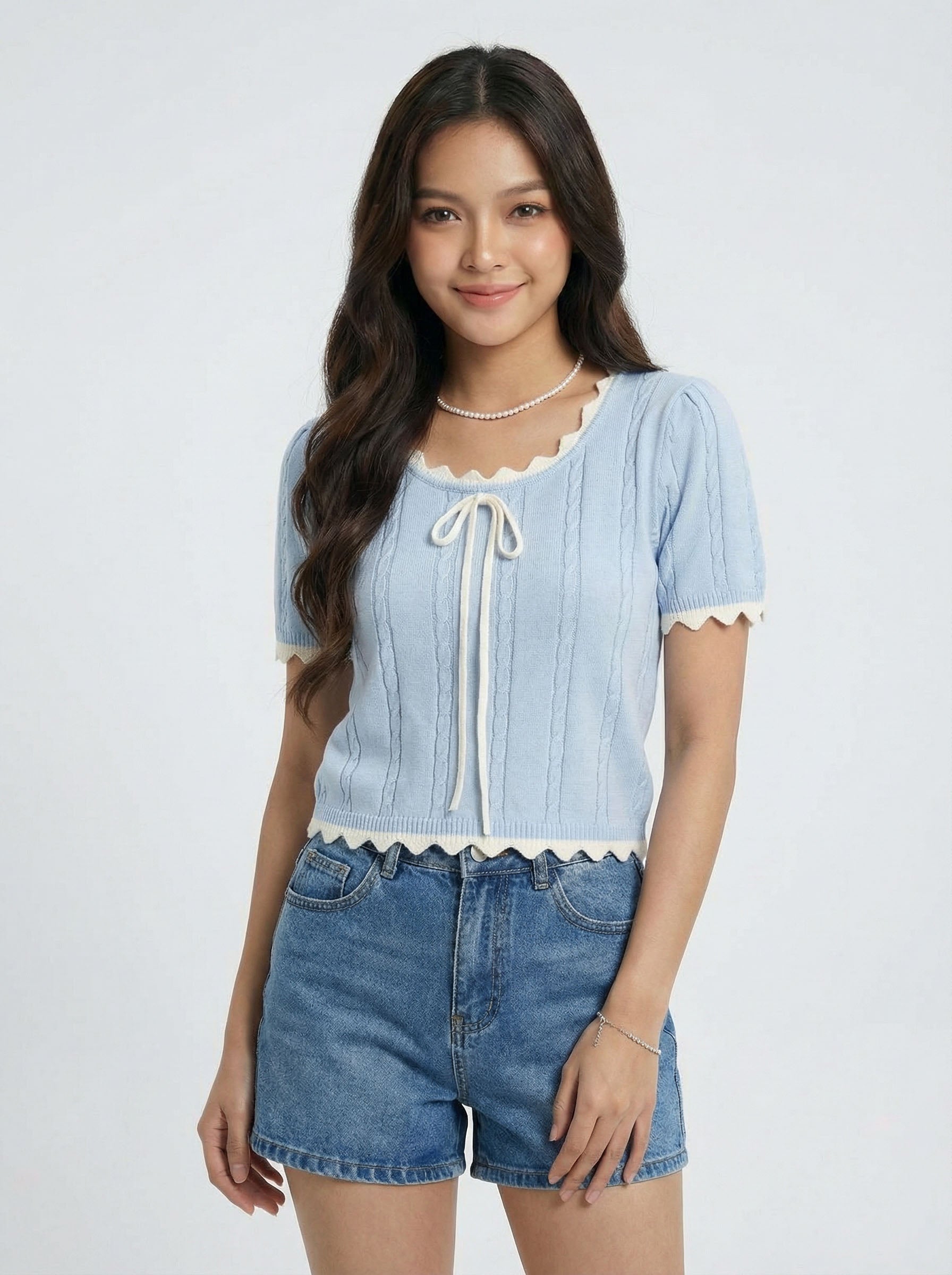 Wavy Hem Color Block Short Sleeve Knit