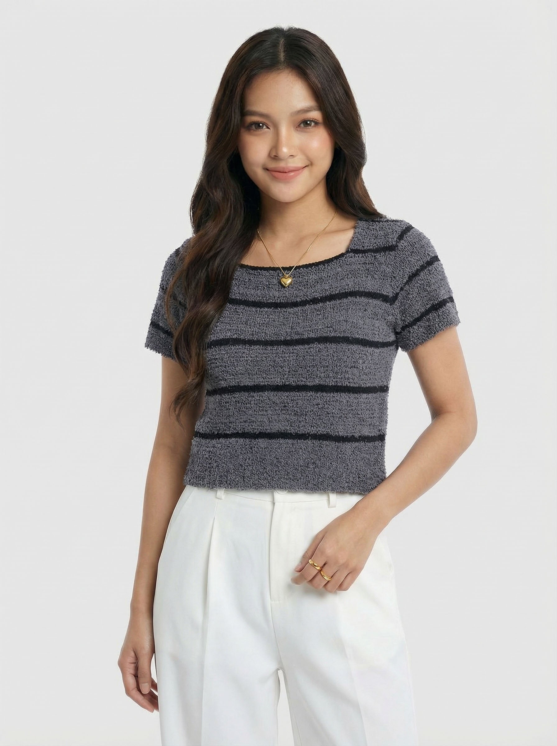 Trendy Fuzzy Knit Top Short Sleeve