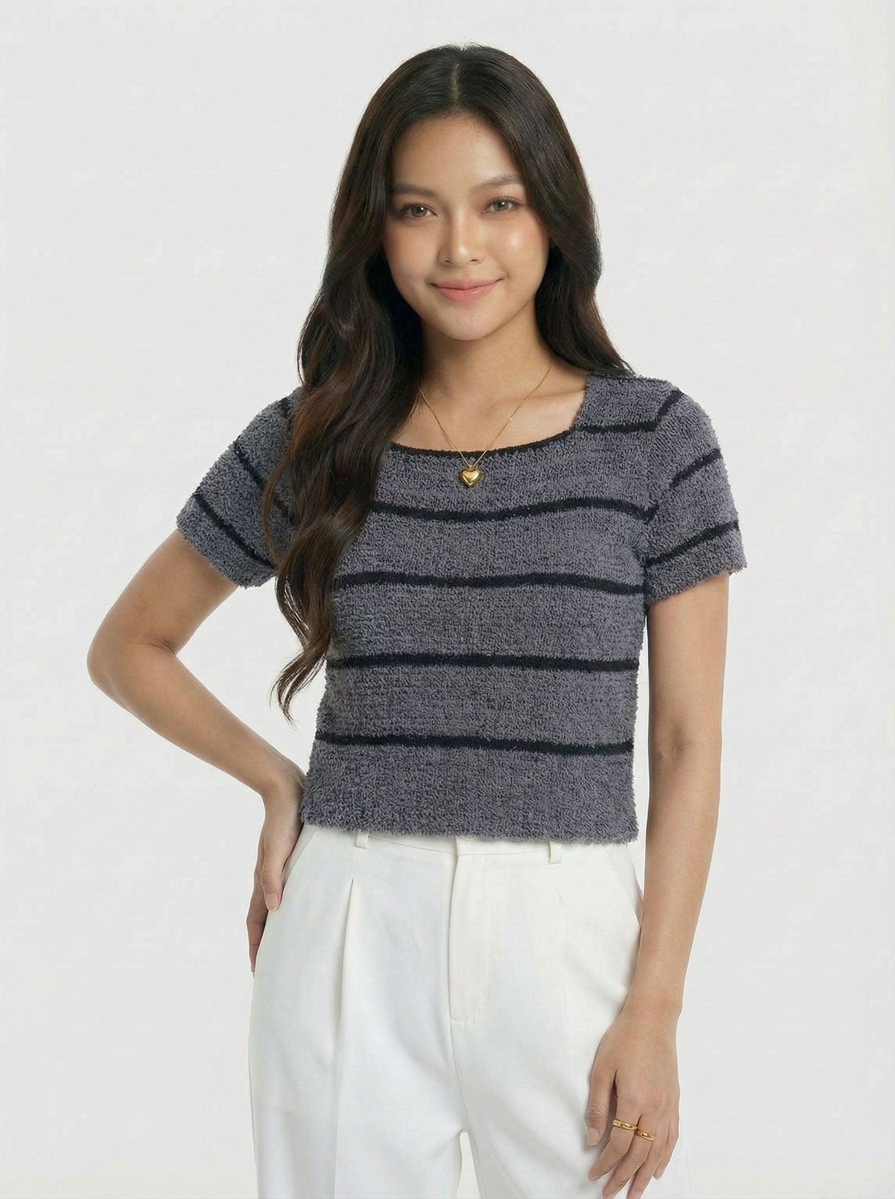 Trendy Fuzzy Knit Top Short Sleeve