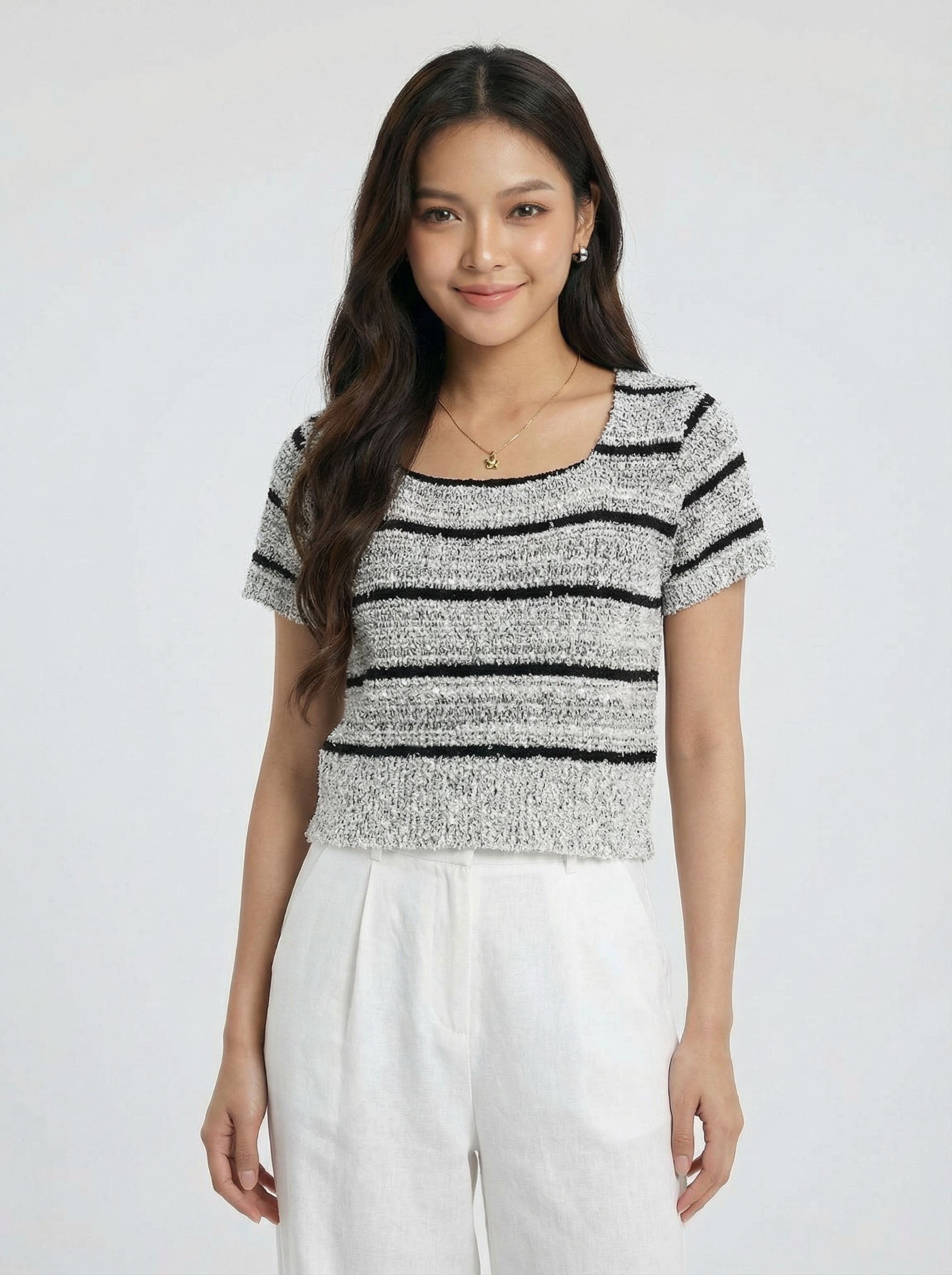Trendy Fuzzy Knit Top Short Sleeve