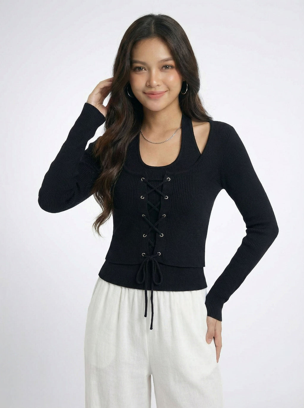 Two-Piece Look Waist Cincher Tie Strap Knit Top