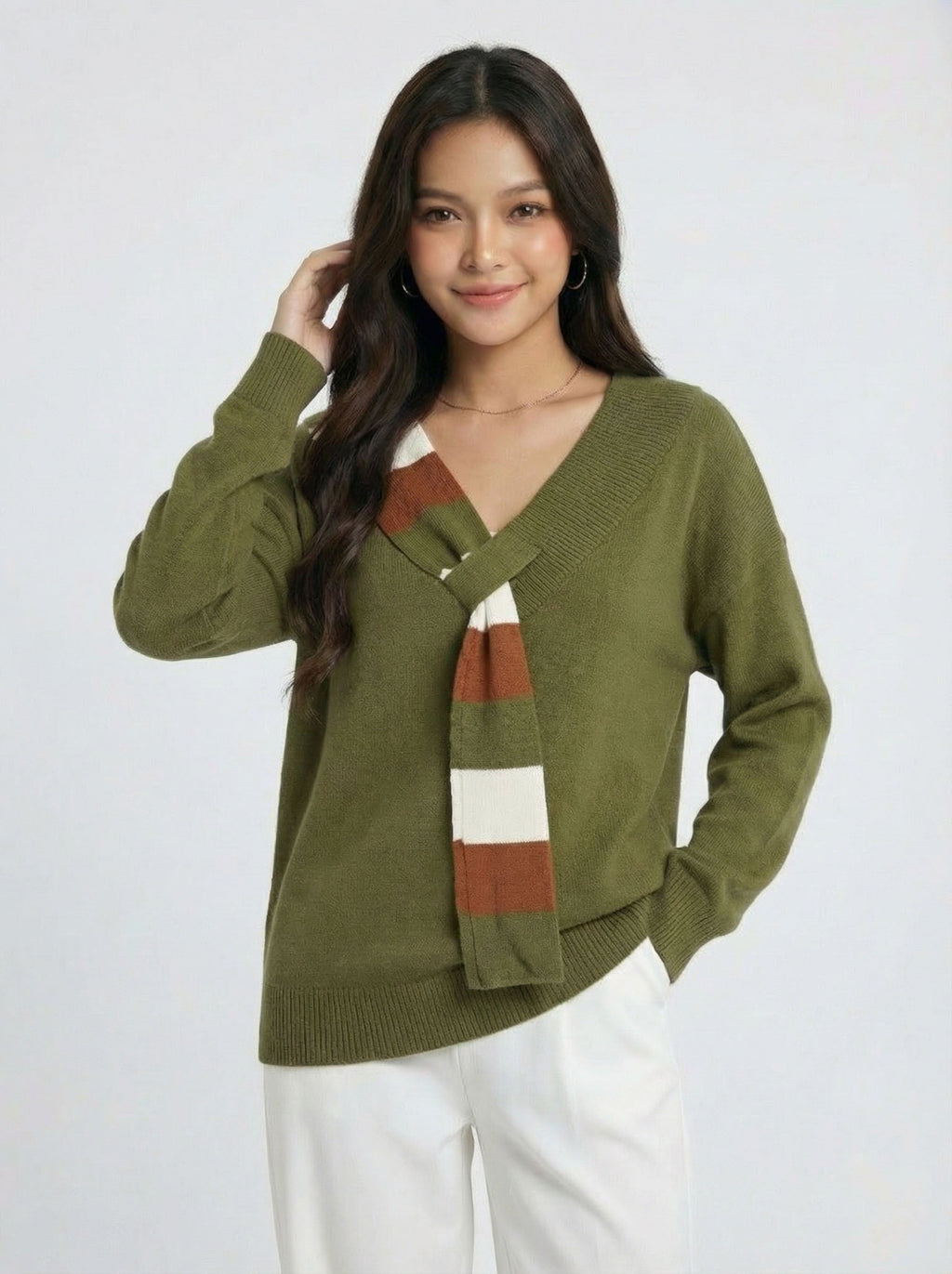 Scarf Detail Design Knit Sweater