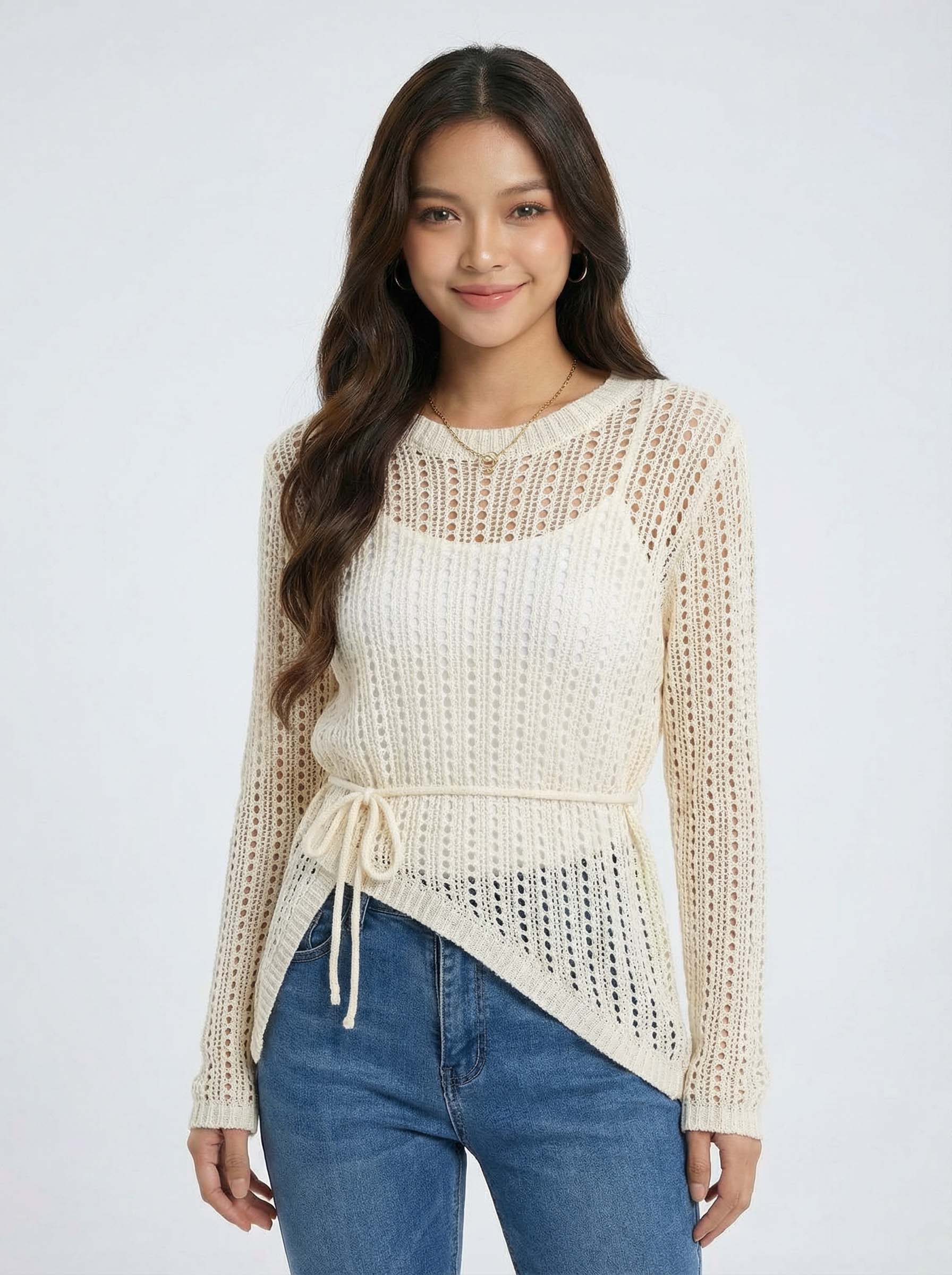 Mesh Hollow Out Long Sleeve Knit Top