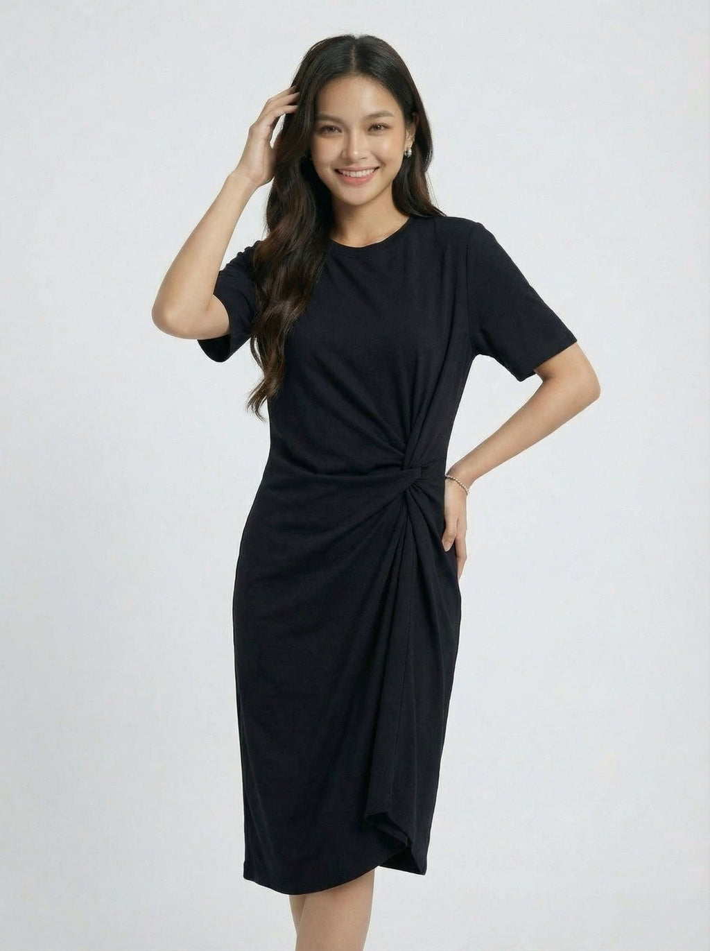Trendy Short Sleeve Twist Front Casual Midi Dress