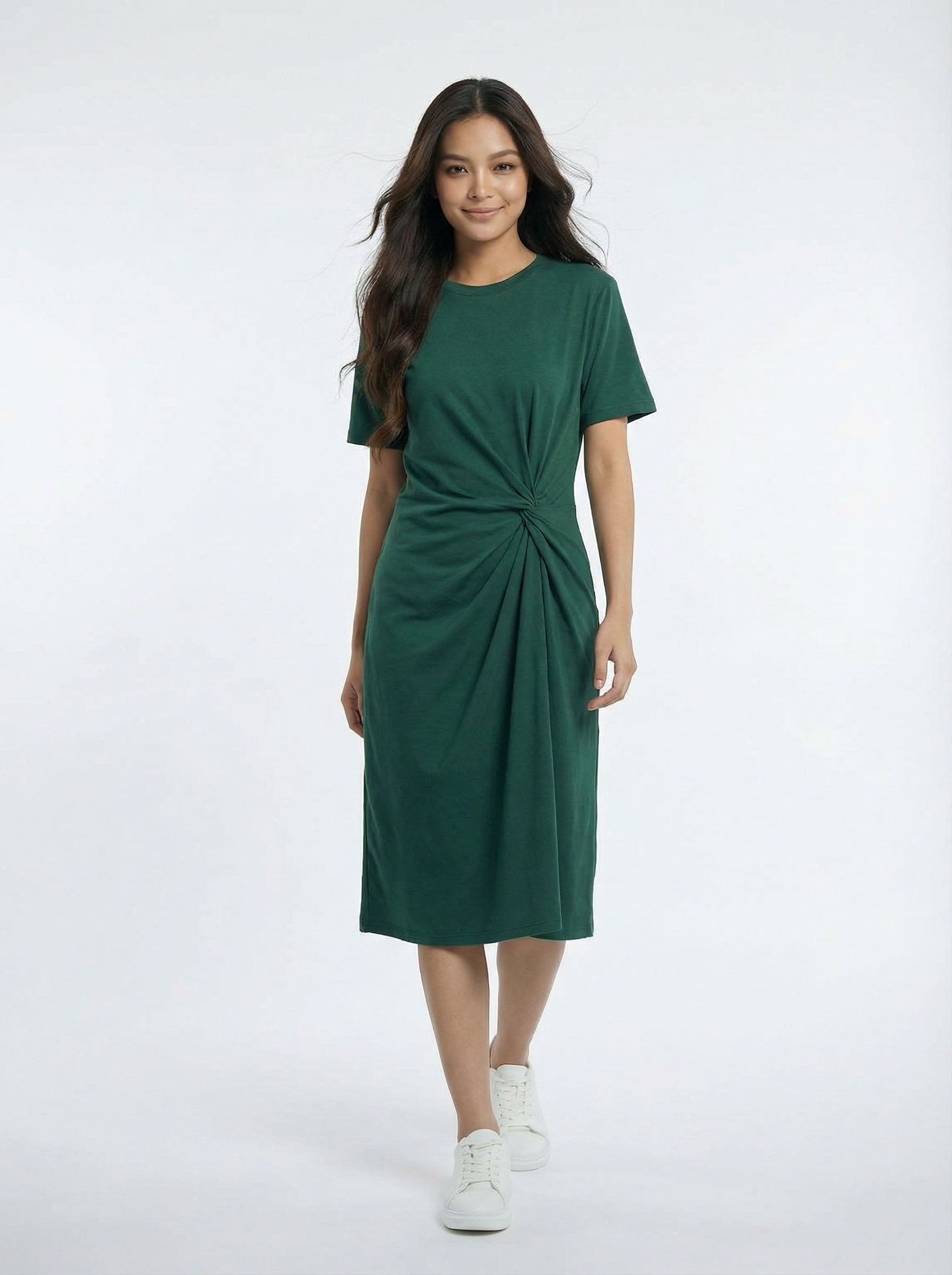 Trendy Short Sleeve Twist Front Casual Midi Dress