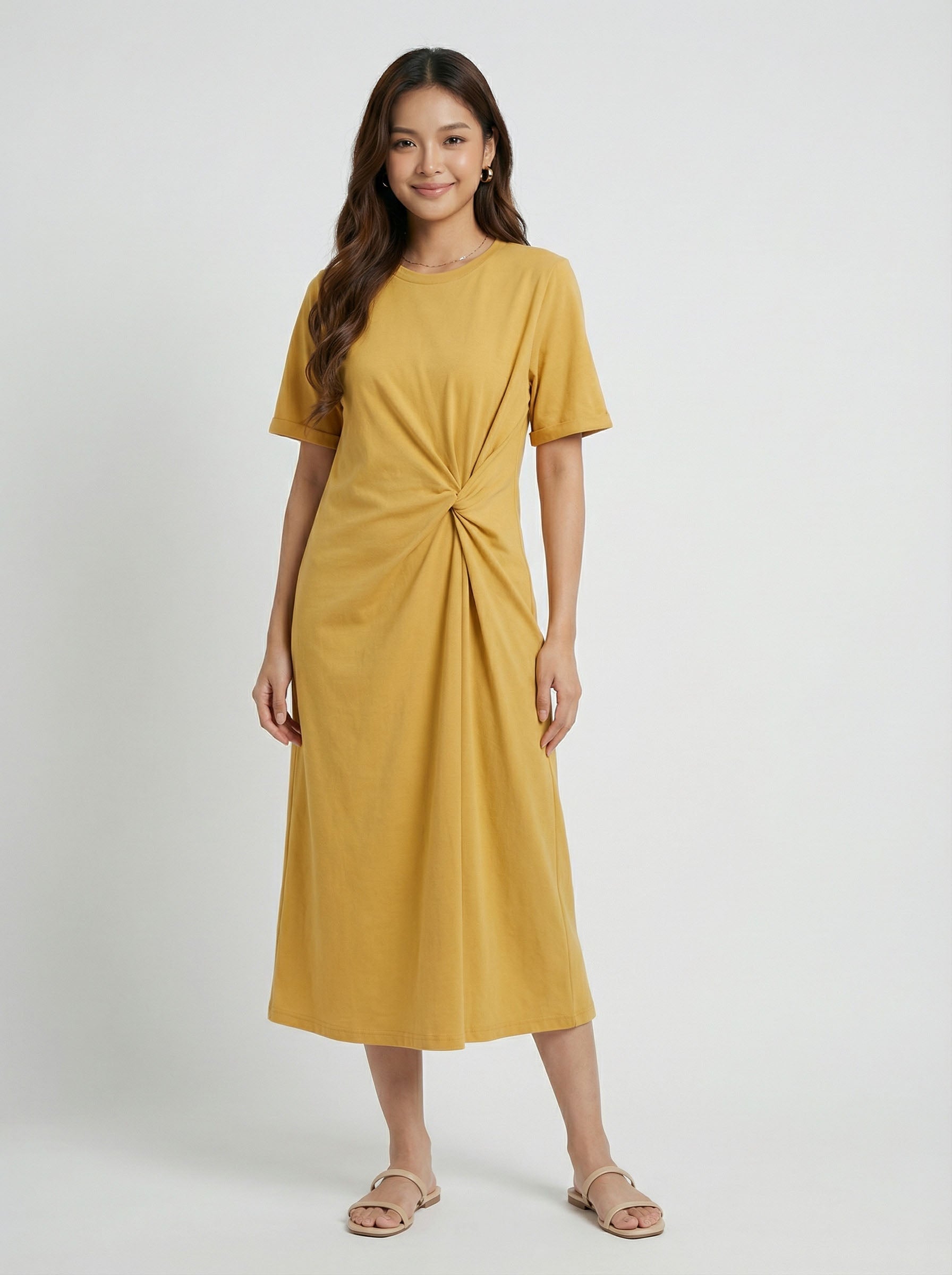 Trendy Short Sleeve Twist Front Casual Midi Dress