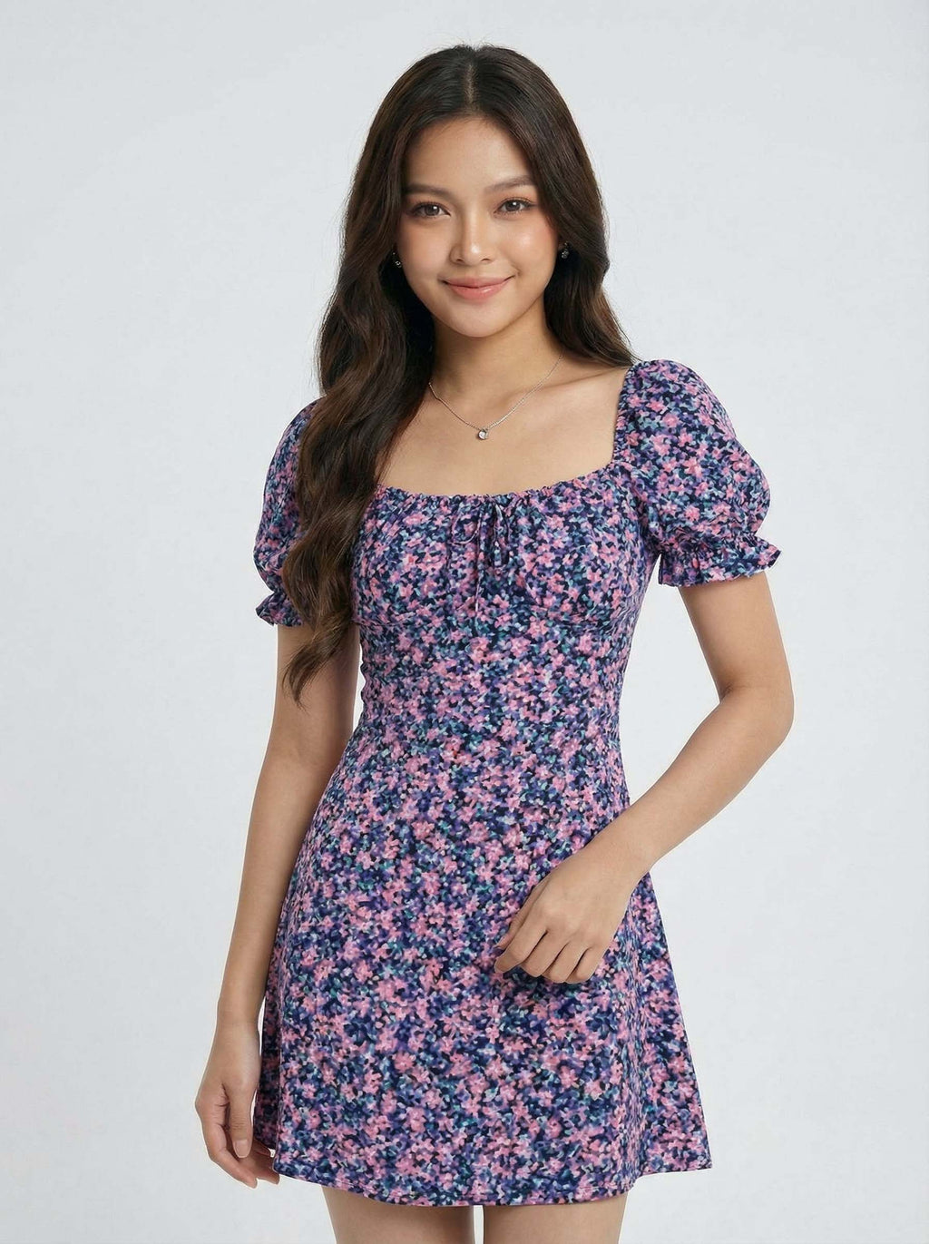 Trendy Ditsy Floral Puff Sleeve Square Neck Mini Dress