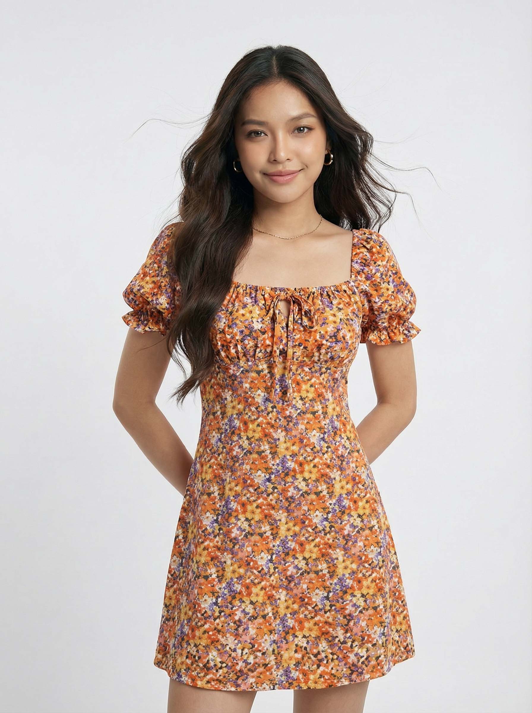 Trendy Ditsy Floral Puff Sleeve Square Neck Mini Dress