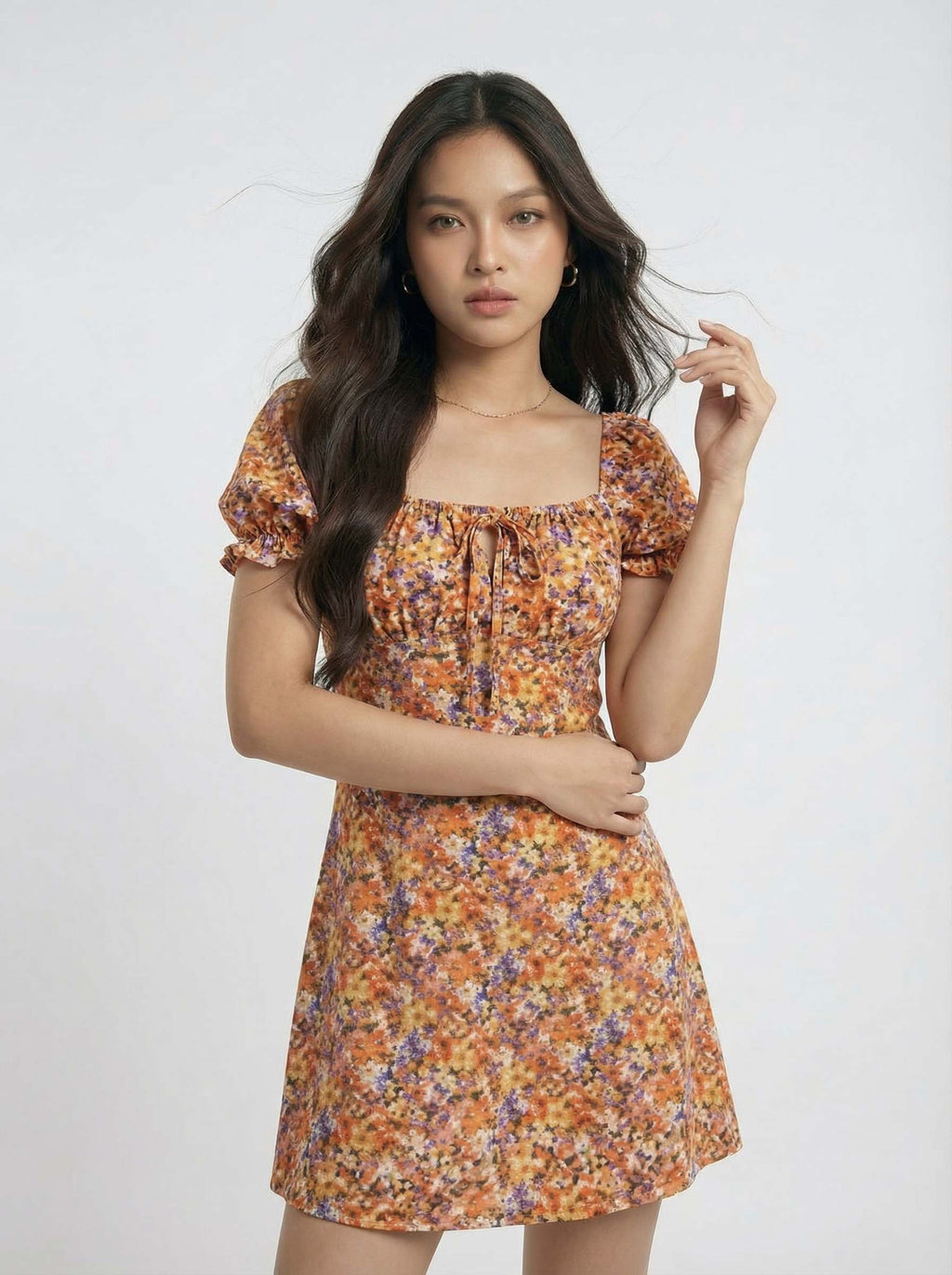Trendy Ditsy Floral Puff Sleeve Square Neck Mini Dress
