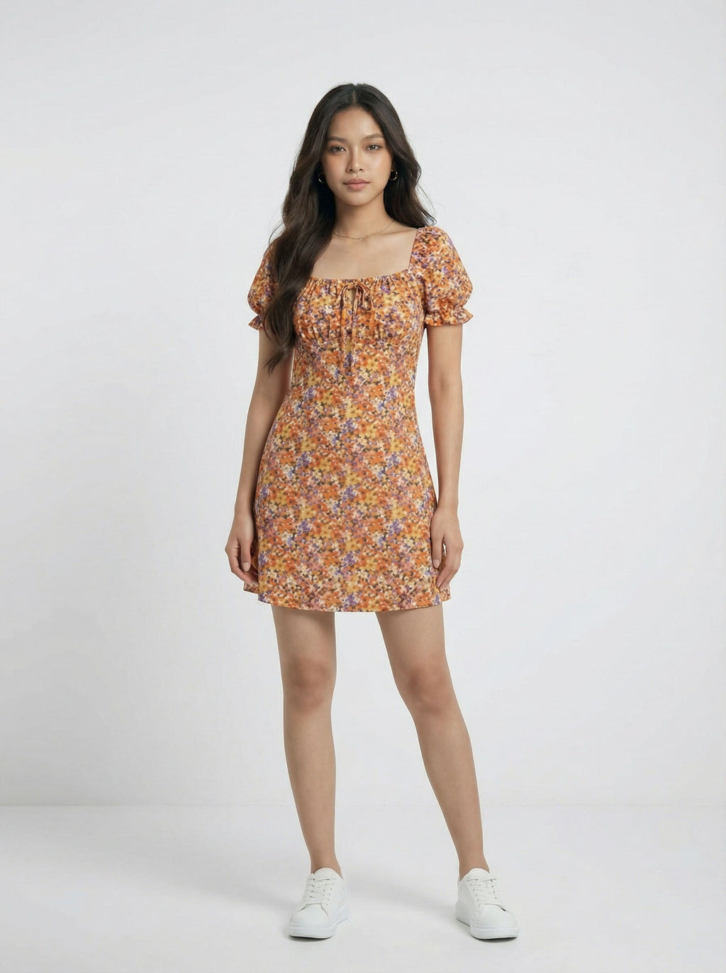 Trendy Ditsy Floral Puff Sleeve Square Neck Mini Dress