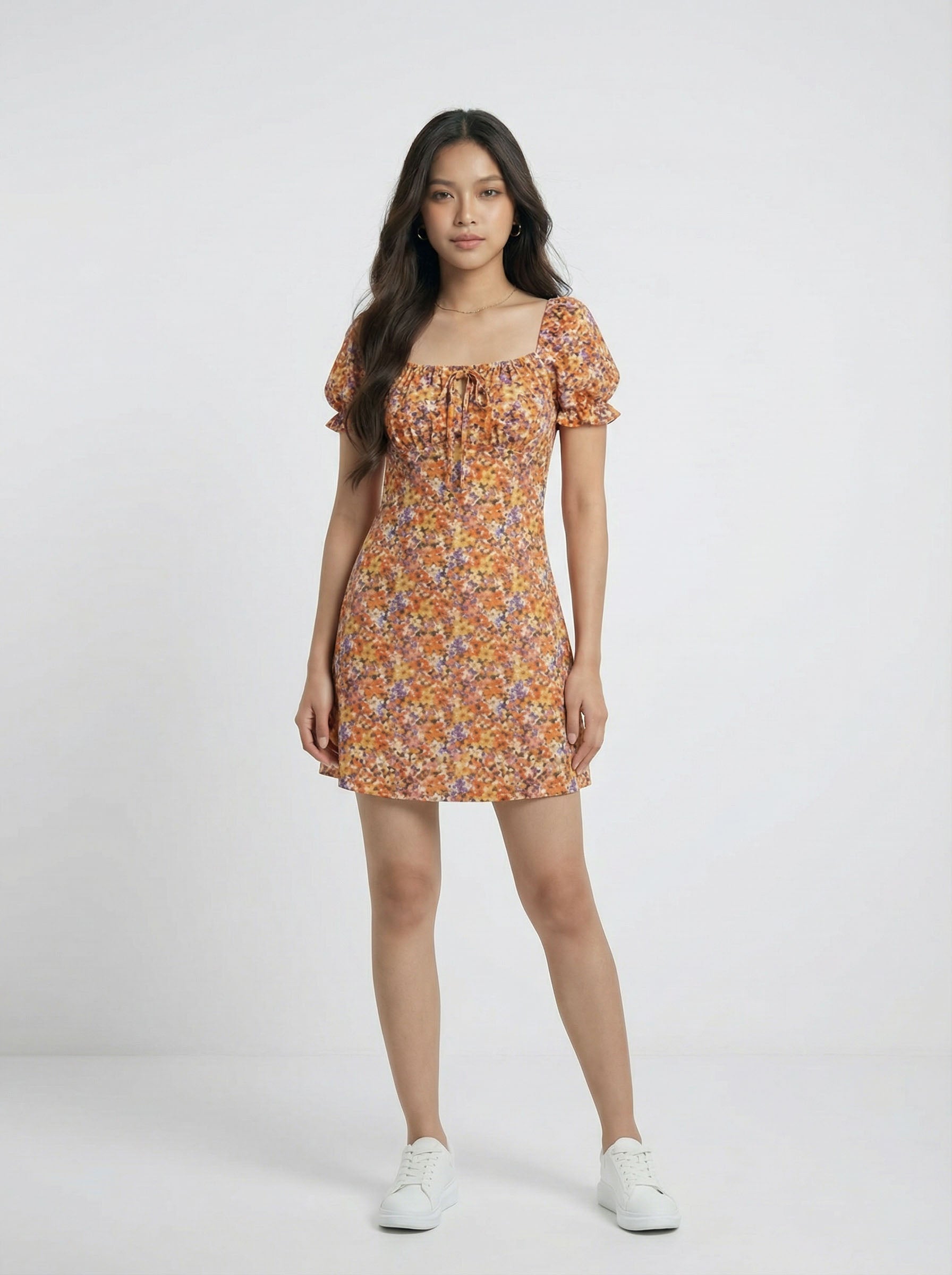 Trendy Ditsy Floral Puff Sleeve Square Neck Mini Dress