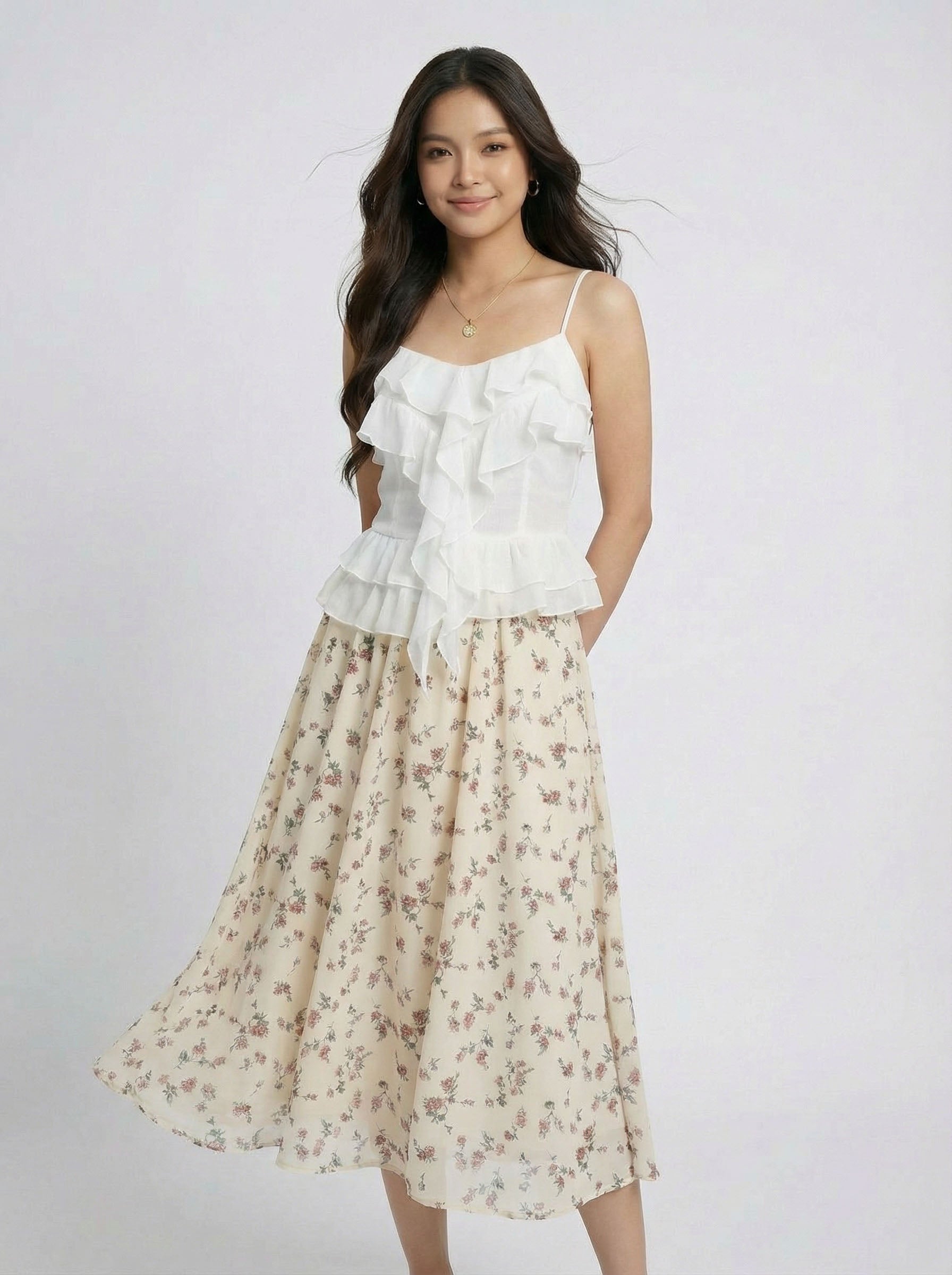 High Waist Ditsy Floral Midi Skirt