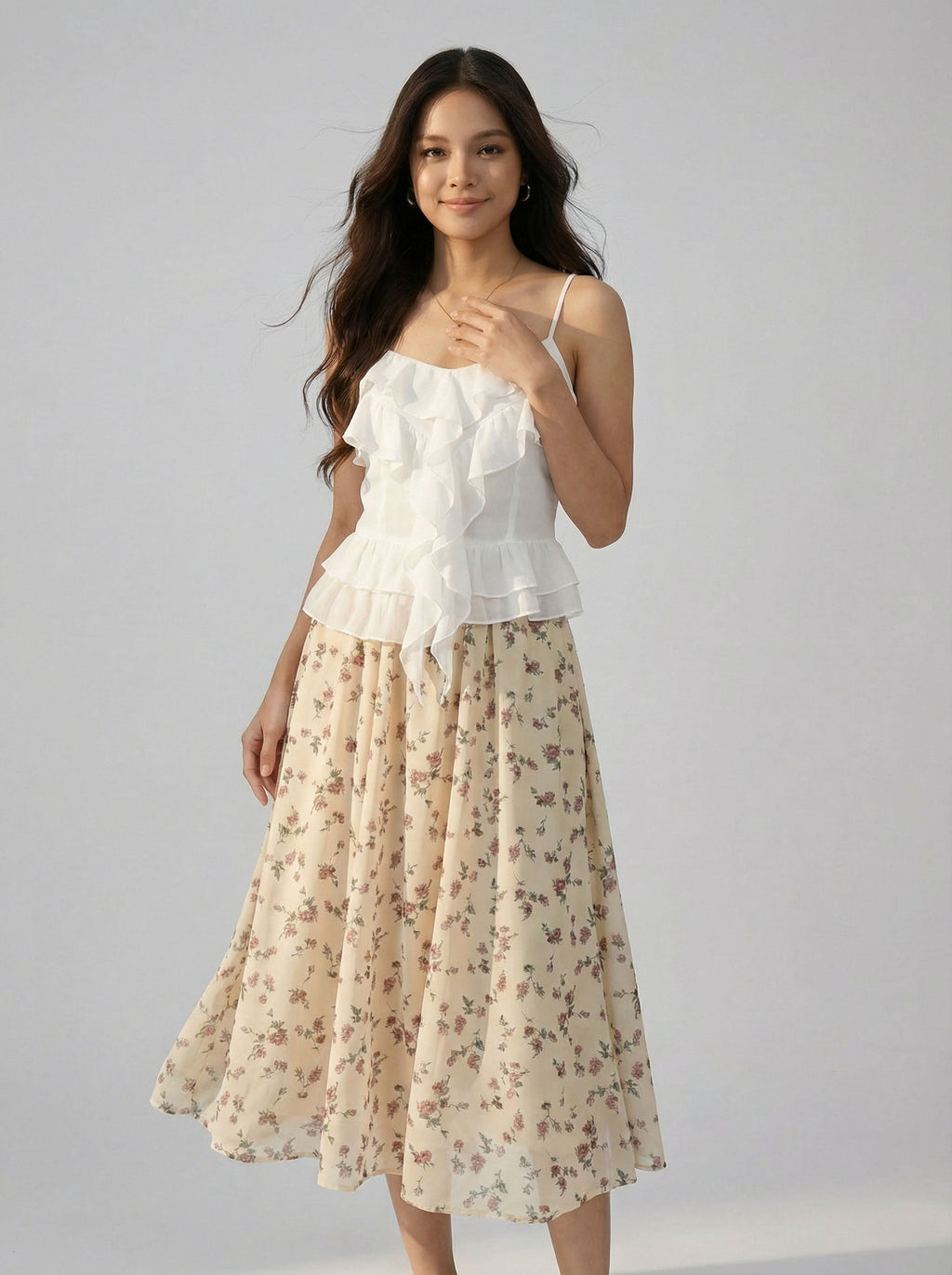 High Waist Ditsy Floral Midi Skirt